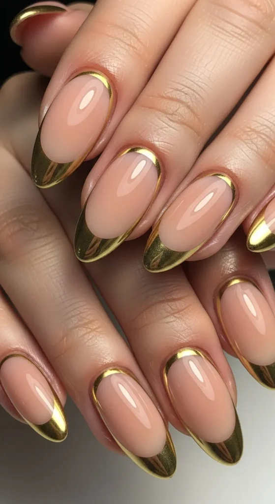 Almond-Shaped Nude Nails with Gold Cuticles