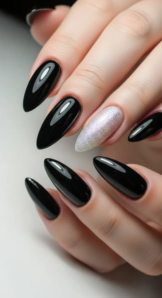 Black Nails with Glitter Accent