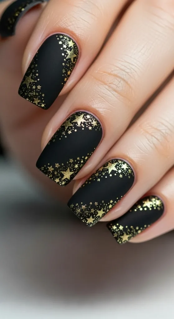 Black Nails with Gold Stars