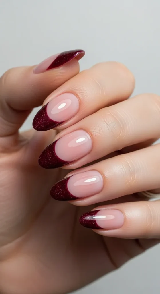 Burgundy French Nails with Subtle Glitter