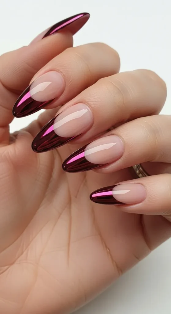Burgundy French Tips with Chrome Finish