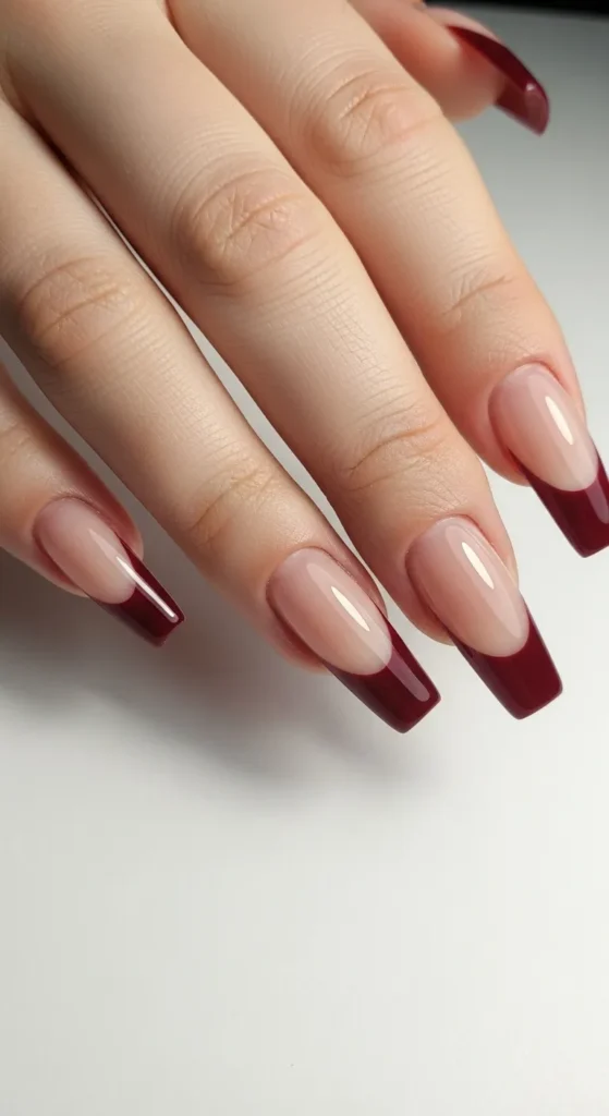 Burgundy French Tips with Coffin Shape