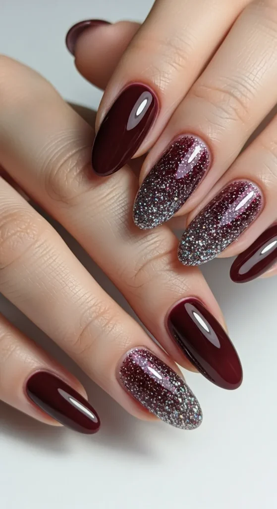 Burgundy Glitter Fade Nails