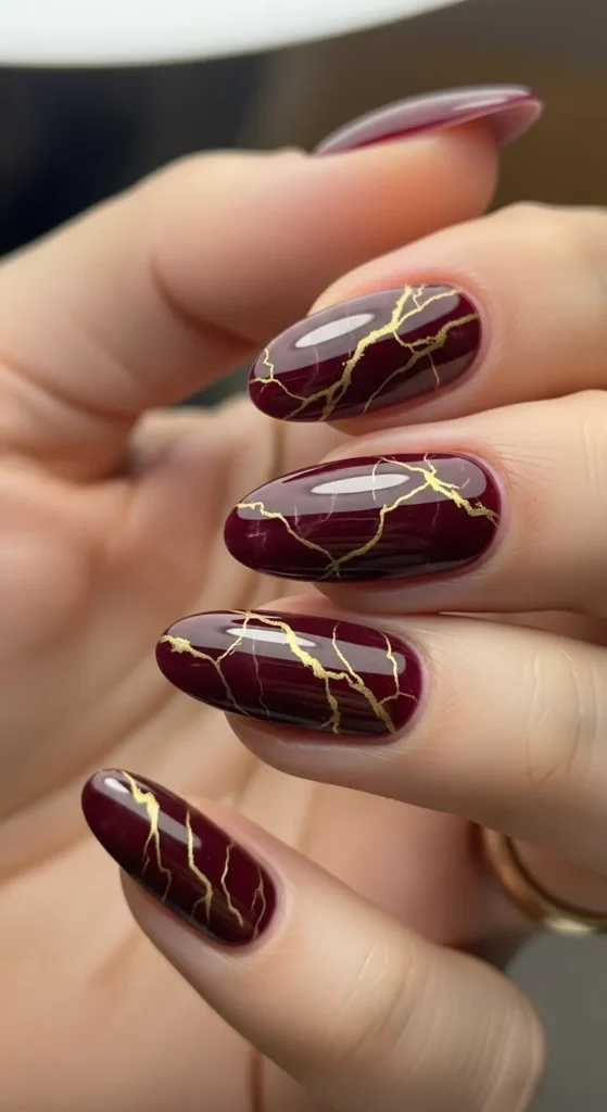 Burgundy Marble with Gold Veins Nails