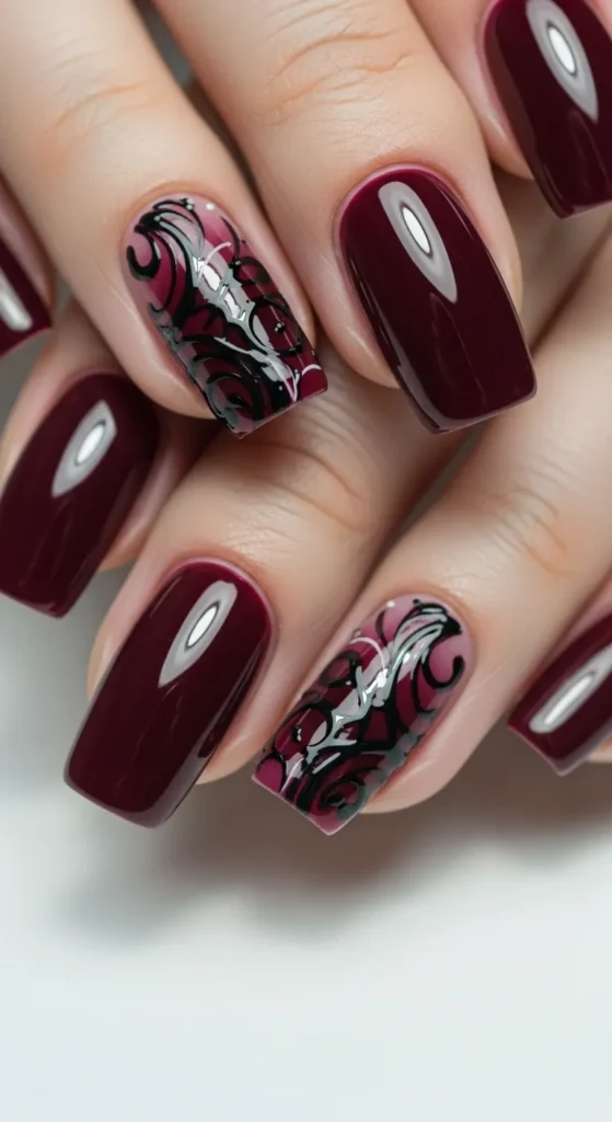 Burgundy Nails with Black Accents