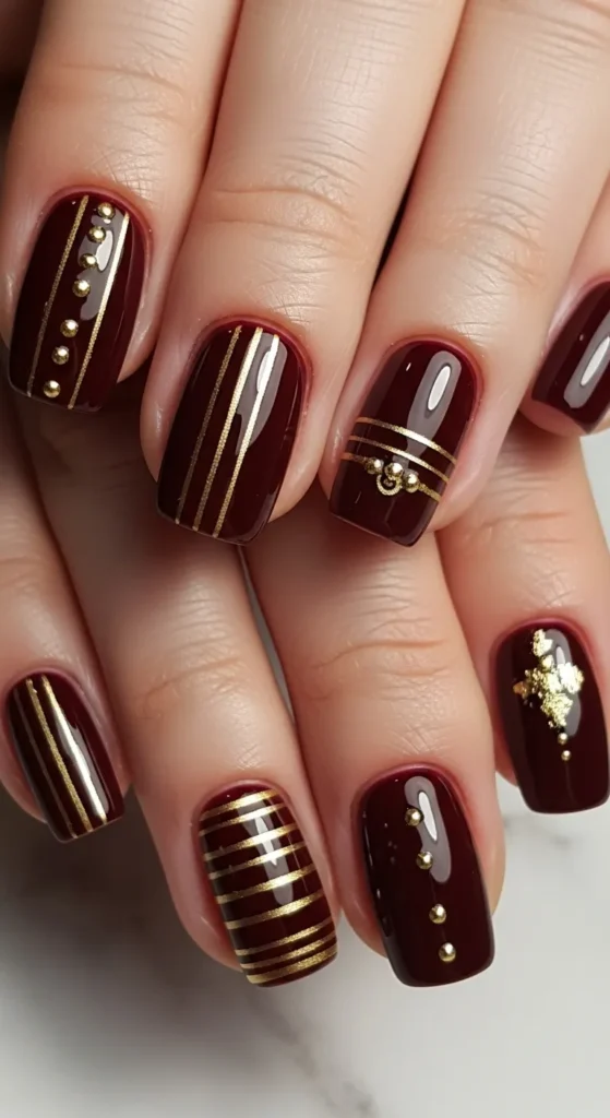 Burgundy Nails with Gold Accents