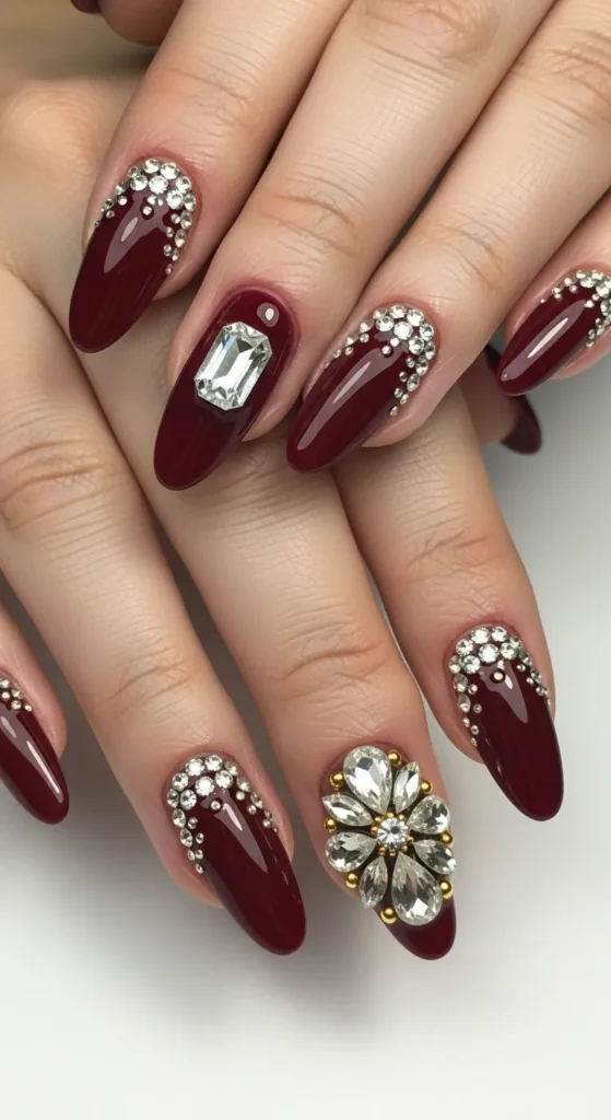 Burgundy Nails with Rhinestone Accents