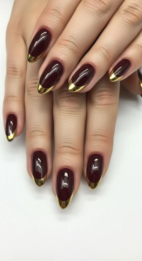 Dark Burgundy Nails with Gold French Outline