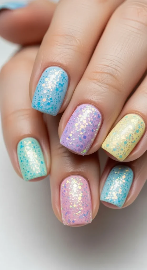 Pastel Nails with Glitter Top Coat