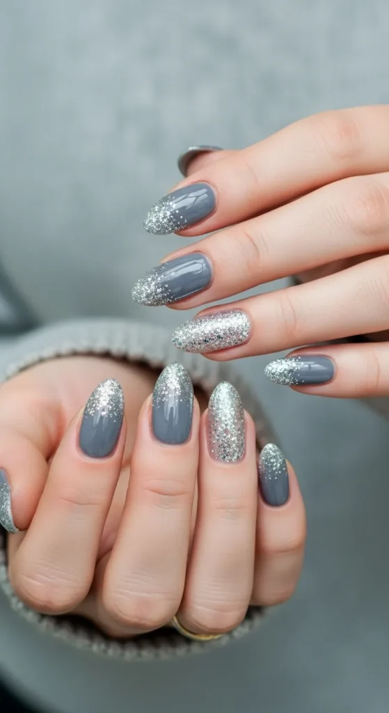 Soft Grey with Silver Glitter Tips