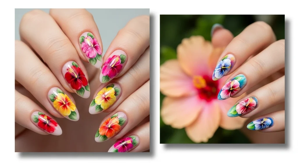 16 Hibiscus Flower Nails Almond