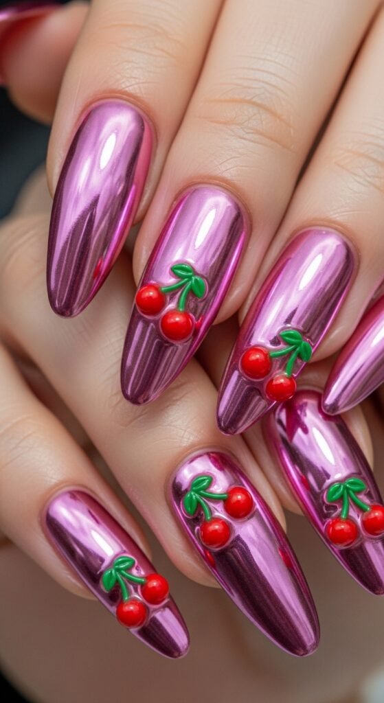 3D Cherry Charms on Pink Chrome Nails