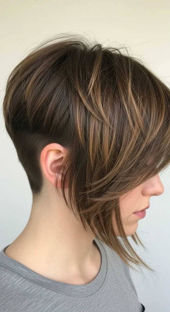 Asymmetrical Brown Pixie with Long Bangs
