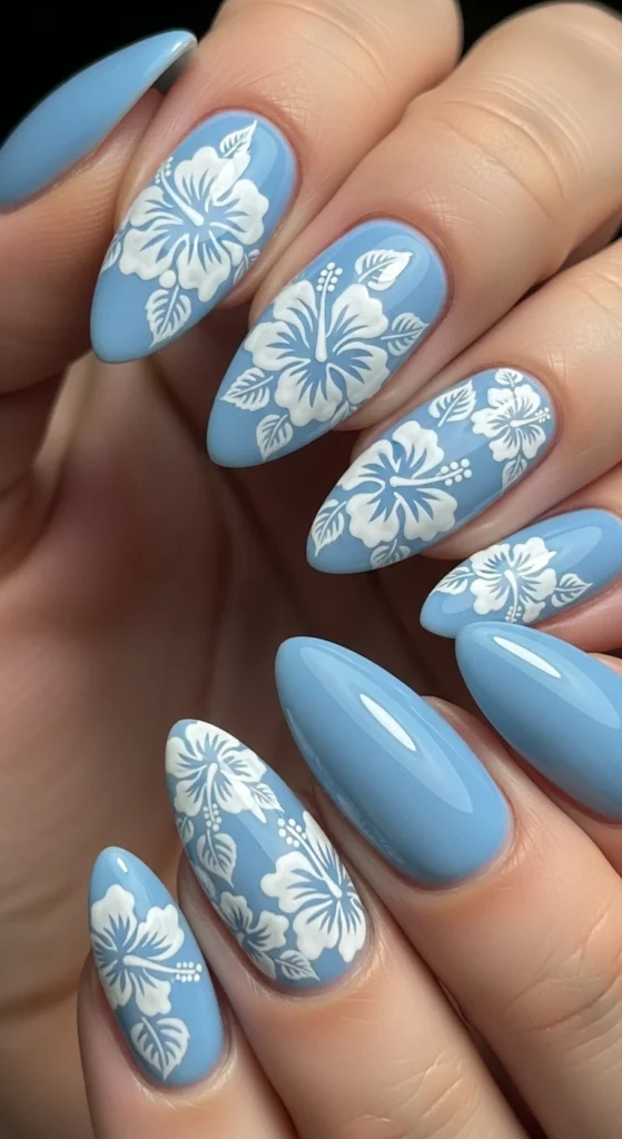 Baby Blue Base with White Hibiscus Accents nails
