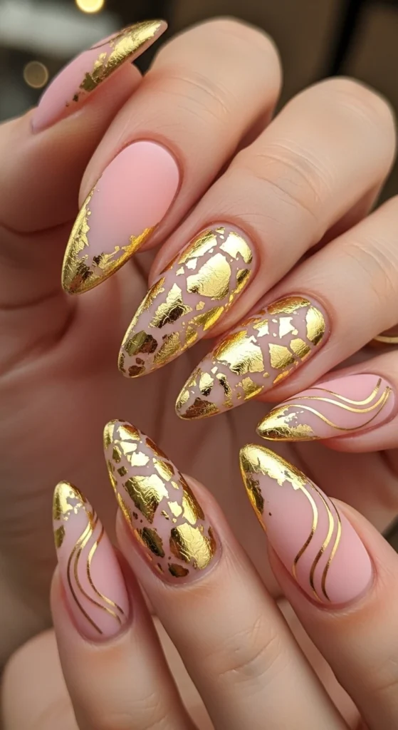 Baby Pink + Gold Foil nails
