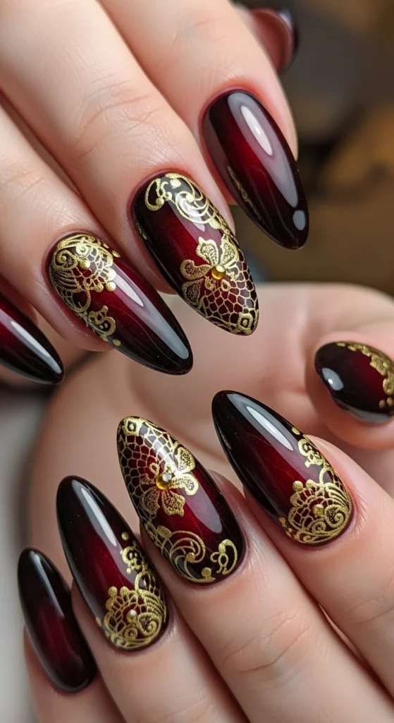 Black Cherry Aura with Gold Lace Filigree