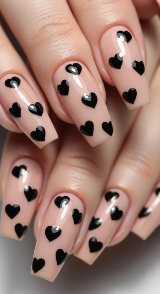 Black Hearts on Nude nails