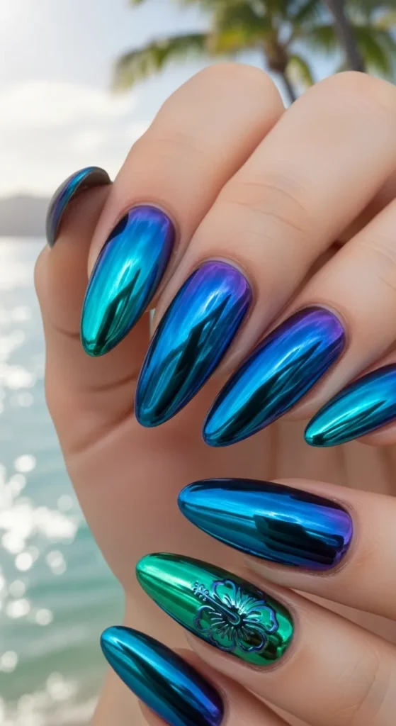 Blue Hawaii Chrome Nails