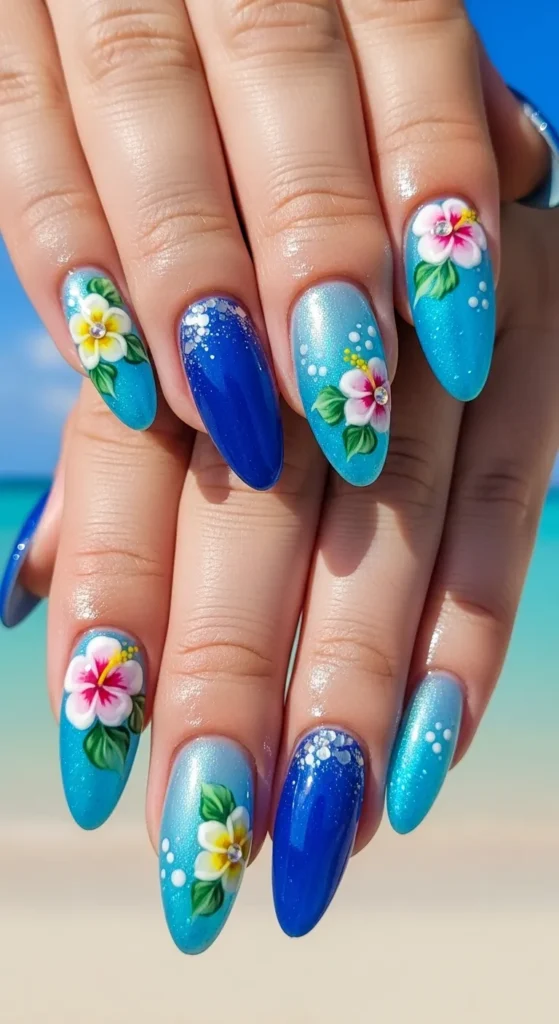 Blue Hawaii Floral Accent Nails