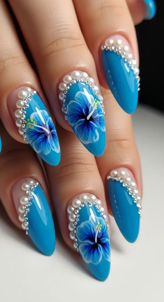 Blue Hibiscus + Pearl Accents nails