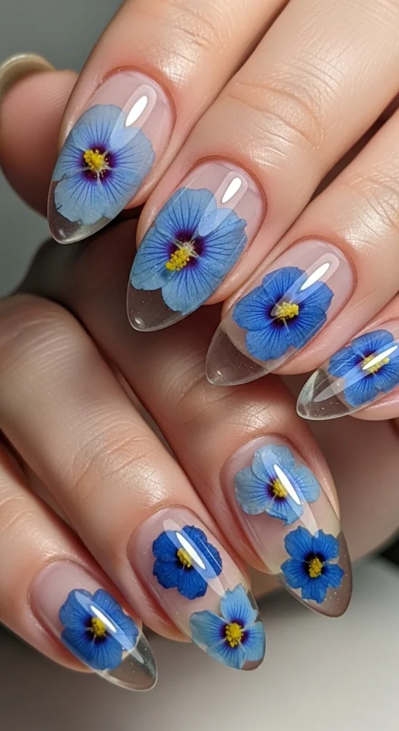Blue Hibiscus on Clear Jelly Nails