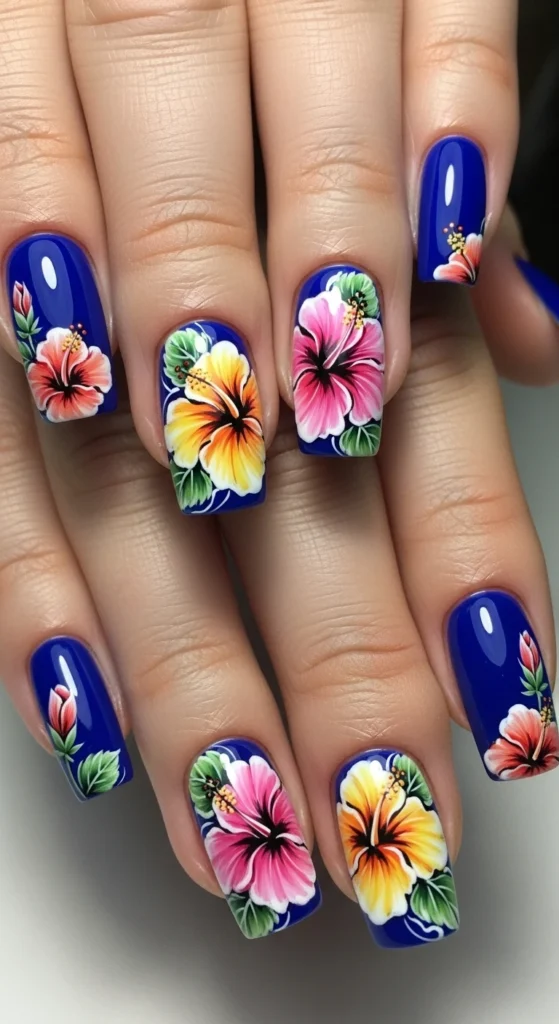 Bold Royal Blue with Large Hibiscus Art nails