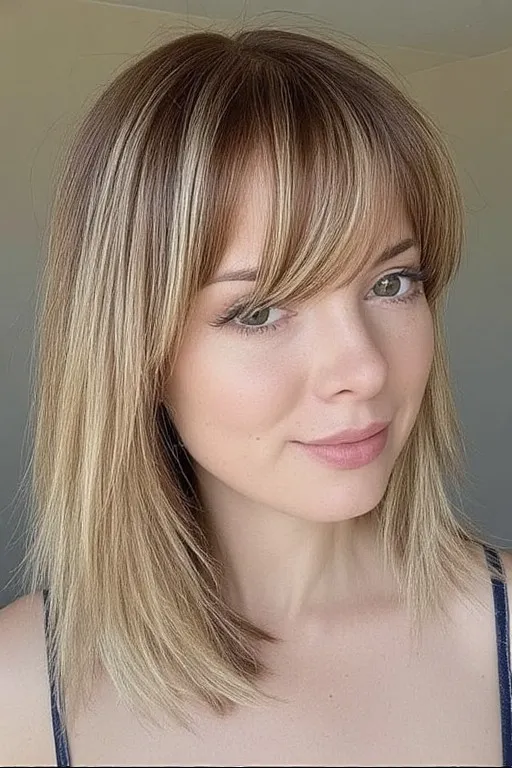 Bronde Balayage With Soft Curtain Bangs