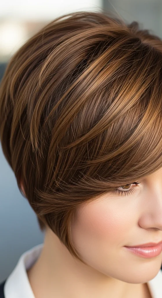 Brown Pixie with Swooped Bangs