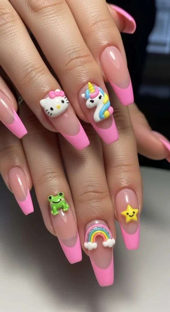 Bubblegum Pink French Tips with Cute Cartoon Charms