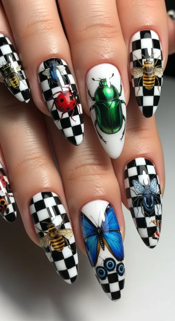 Checkerboard & Bugs Combo nails