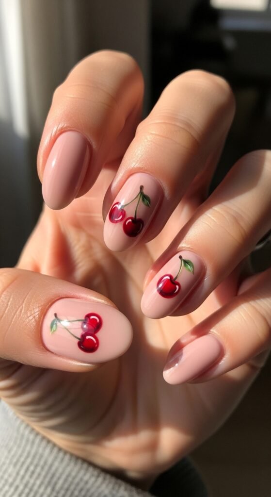 Cherry Accent Nails on Nude Pink Nails