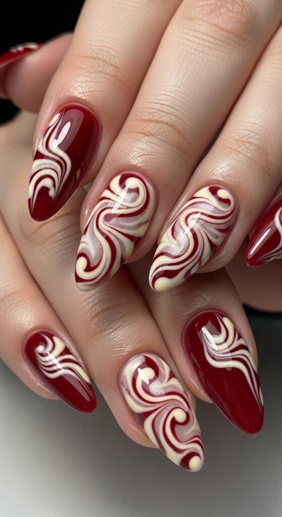 Cherry Mocha + Cream Swirls Nails