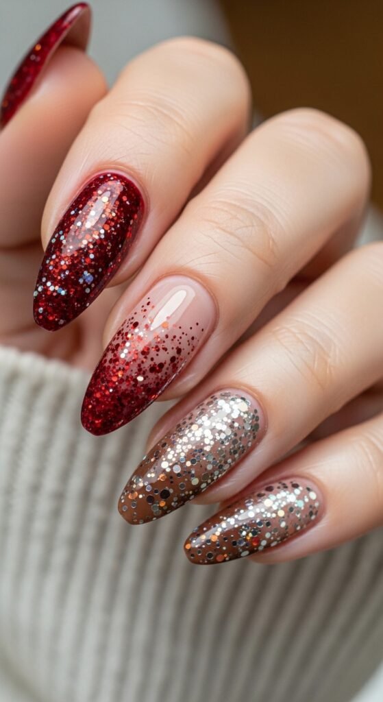 Cherry Mocha Glitter Gradient Nails
