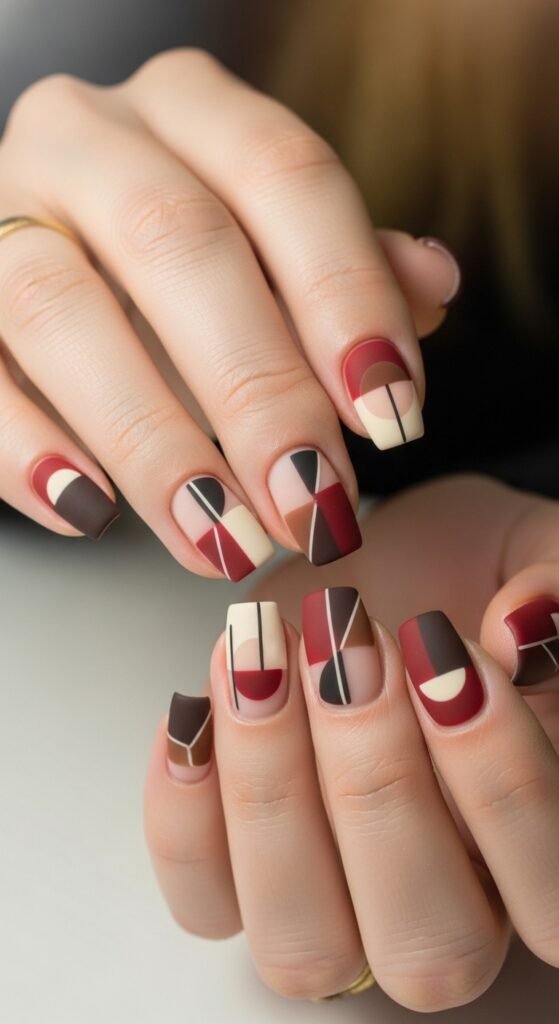 Cherry Mocha Negative Space Geometric Nails