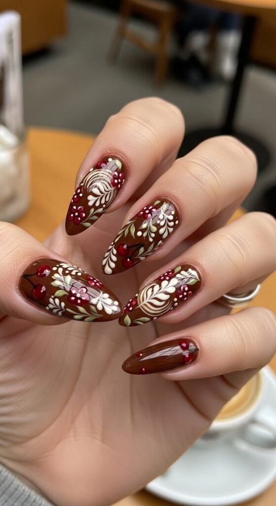 Cherry Mocha with Cream Floral Accents Nails