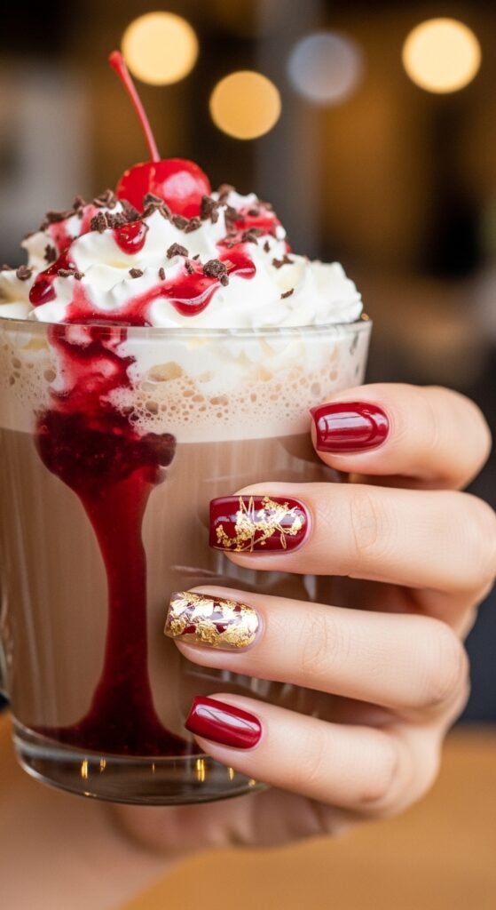 Cherry Mocha with Gold Foil Accent Nails
