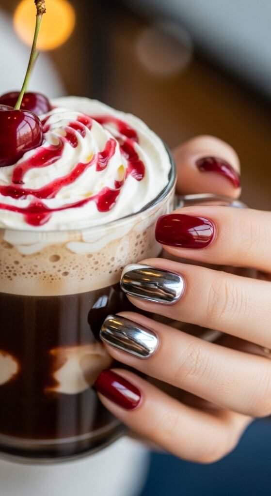 Cherry Mocha with Metallic Chrome Accent Nails