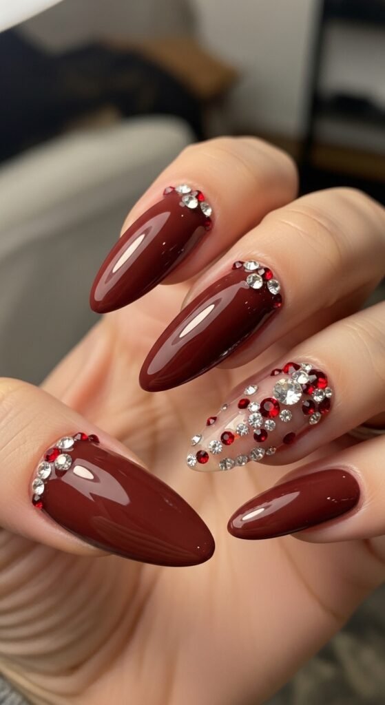 Cherry Mocha with Rhinestone Details Nails