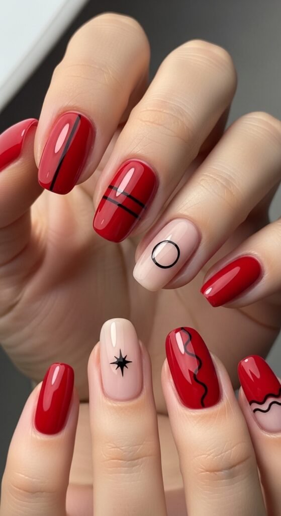 Cherry Red with Minimalist Line Art nail