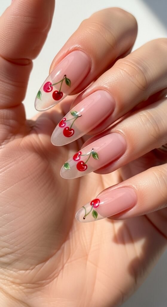 Cherry Tips on ClearSheer Pink Nails