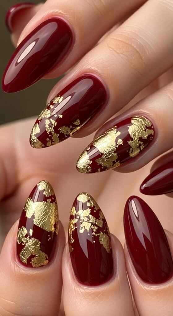 Cherry Wine with Gold Foil Accents Nails