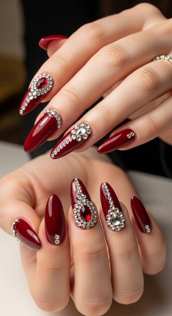 Cherry Wine with Rhinestone Accents Nails