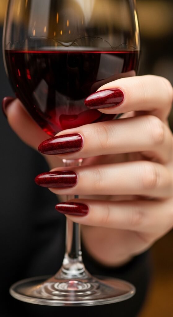 Cherry Wine with Subtle Glitter Nails