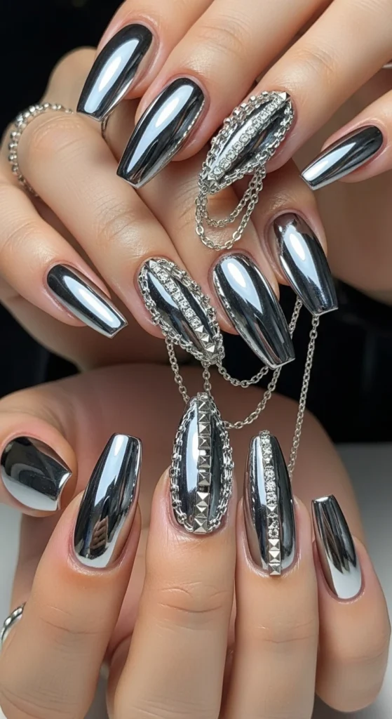 Chrome and Chain Combo Nails
