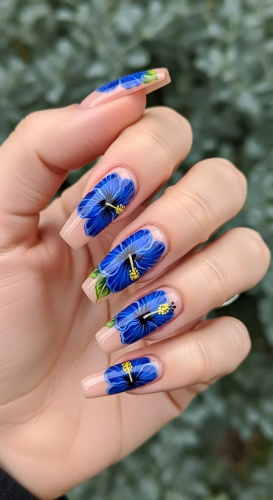 Classic Blue Hibiscus on Nude Base nails