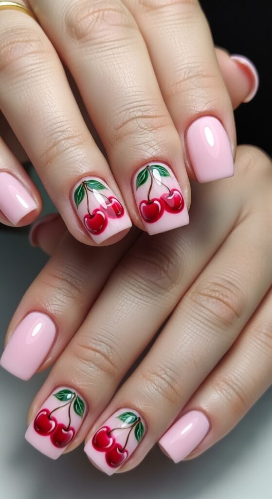 Classic Red Cherries on Baby Pink nails