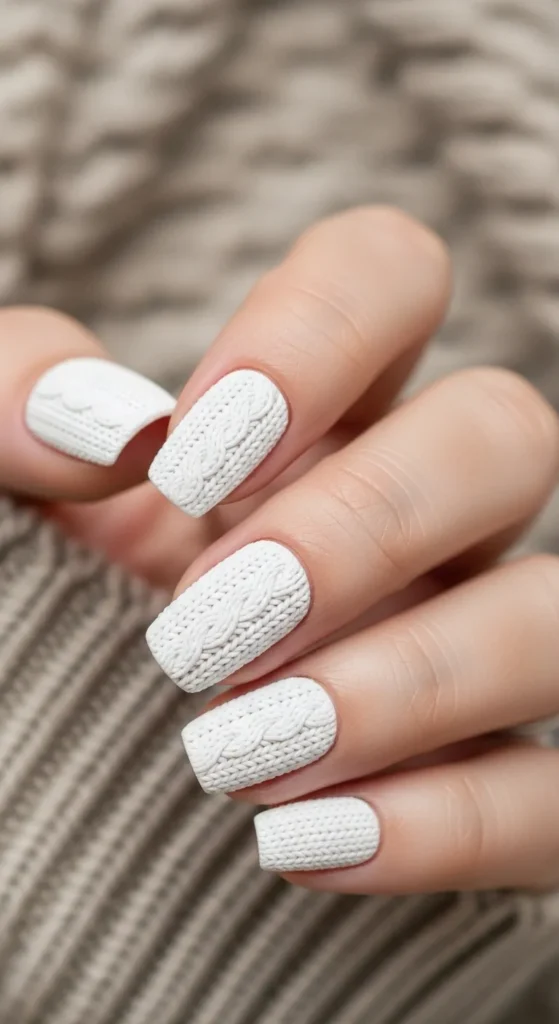 Cozy Sweater-Textured White Nails
