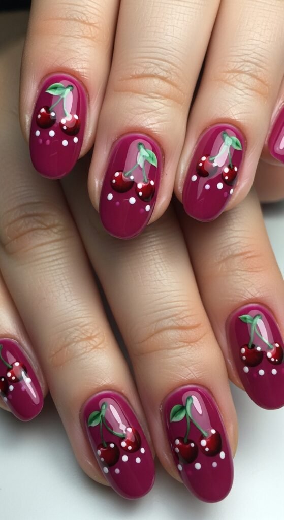 Dark Pink Base with White-Highlighted Cherries Nails
