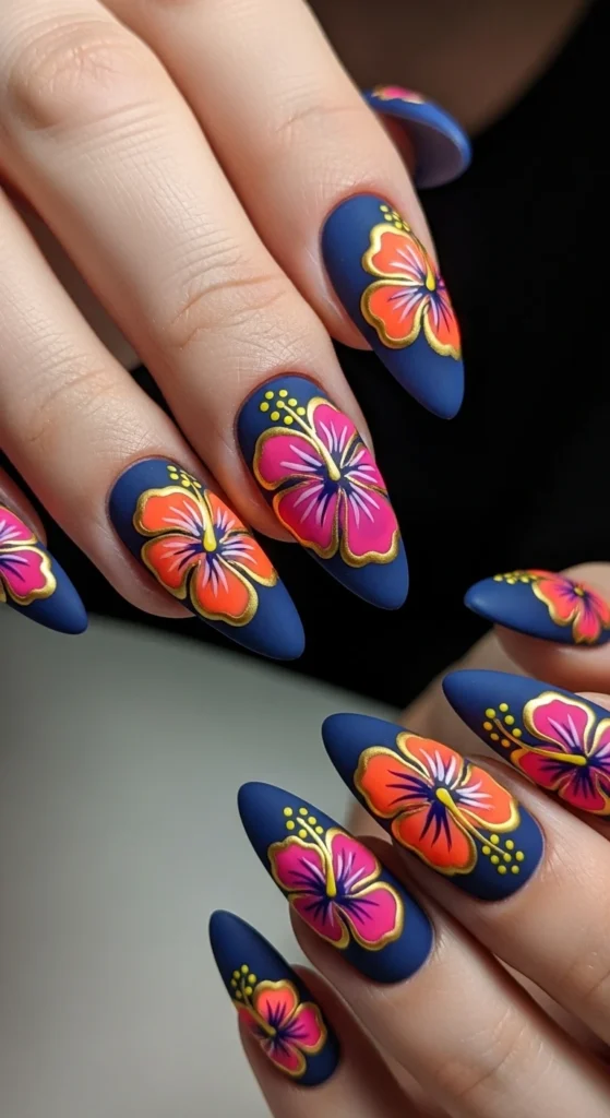 Deep Navy Hibiscus Statement Nails