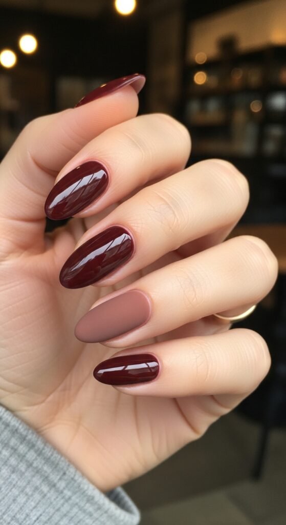 Glossy Cherry Mocha + Matte Accent Nails